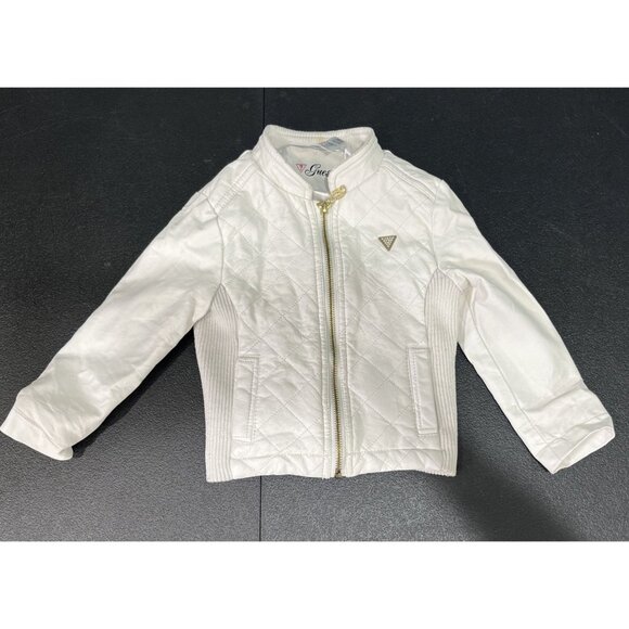 GUESS LA Girls Sz 4 Quilted Coat Jacket White Faux Leather Bomber Y2K Moto City - Picture 1 of 6